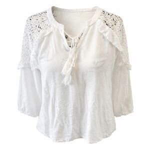 Women's White Lace Peasant Blouse with Tassel Tie